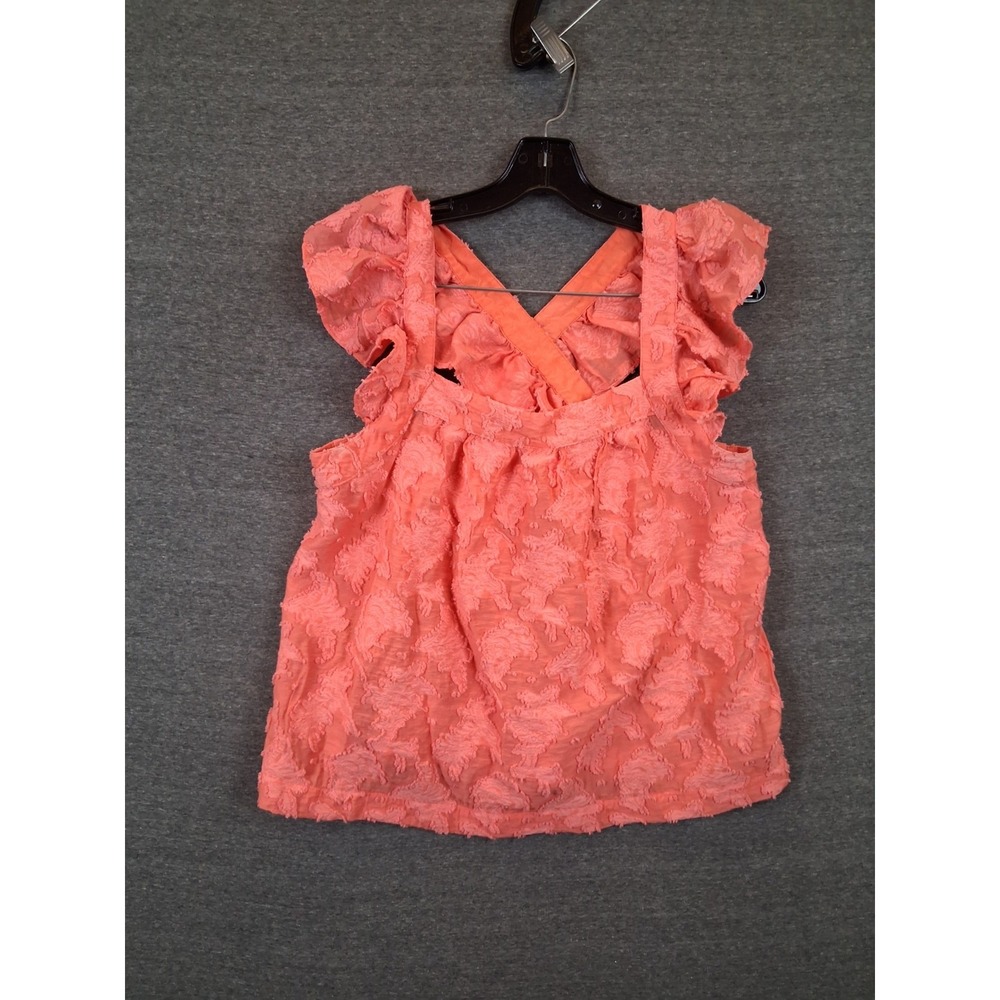 Anthropologie Womens Shirt‎ M Pink Coral Cross Back Amber Ruffle Boho Cottage